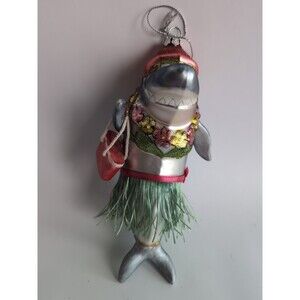 Hawaii Hula Shark Tiki Grass Skirt Purse Blown Glass Christmas Ornament 6''